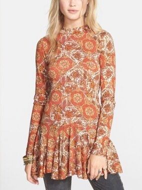 Free People Annabelle Tunic Rust Floral Long-Sleeve boho Mini Dress size Medium